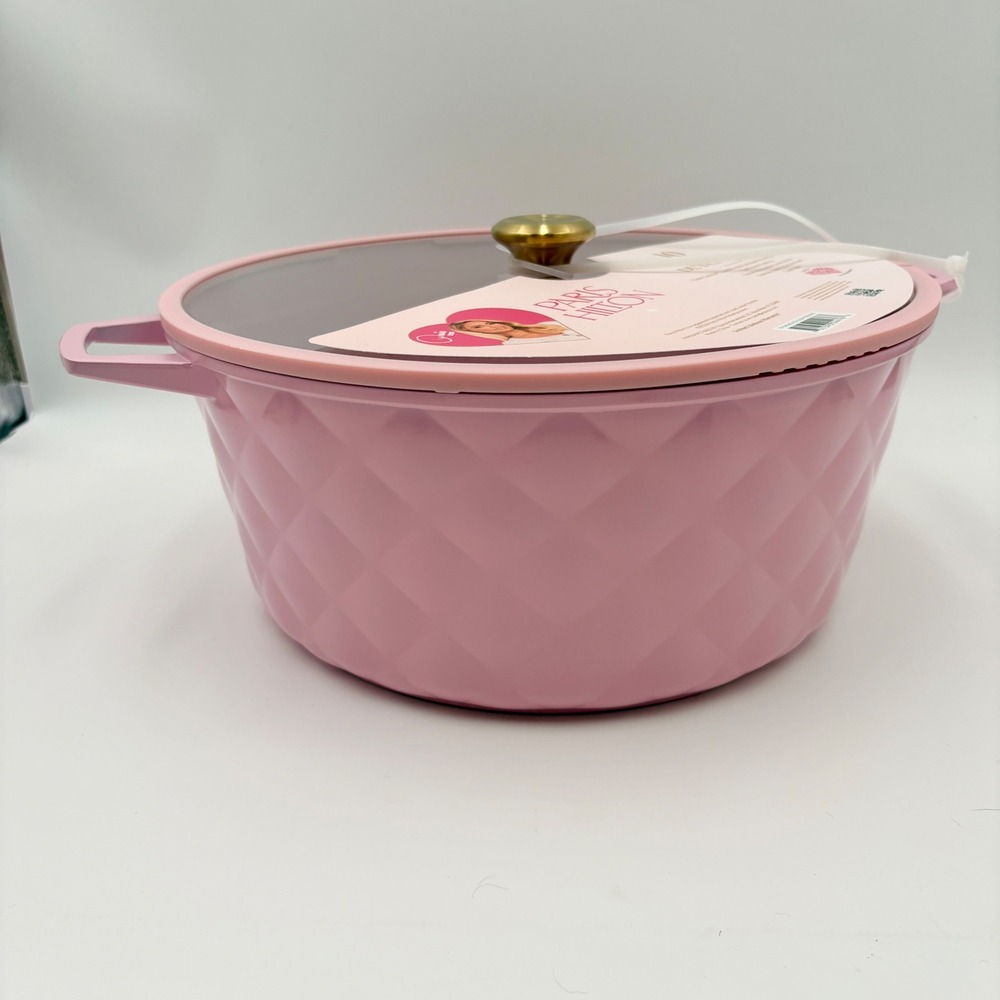 Paris Hilton 10 Quart Cast Aluminum Dutch Oven Pink Quilted Ceramic Nonstick Lid